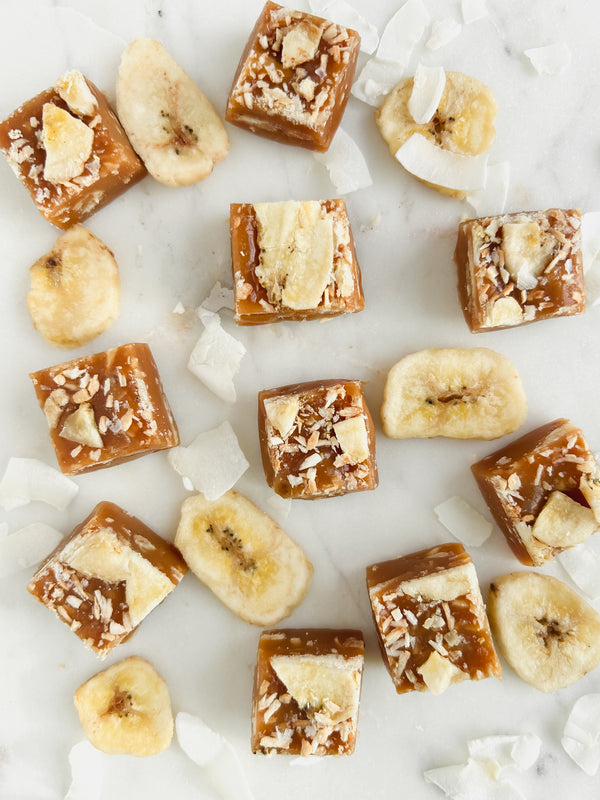 Coconut Banana Salted Caramels with banana chips and toasted coconut, handmade by Seagull Sweets Co.