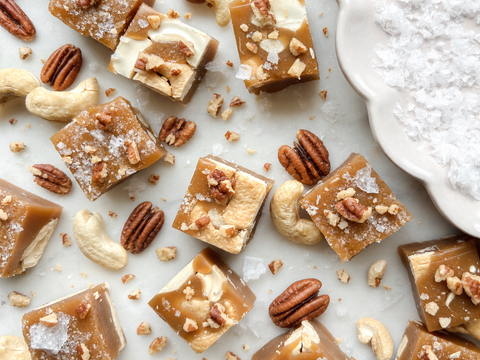 Salted Nutty Caramels topped with roasted pecans and cashews, handmade by Seagull Sweets Co.