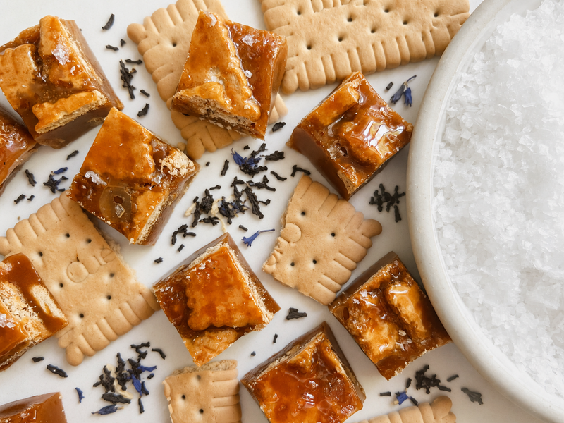 Tea and Biscuit Salted Caramels with Earl Grey and biscuit pieces, handmade by Seagull Sweets Co.