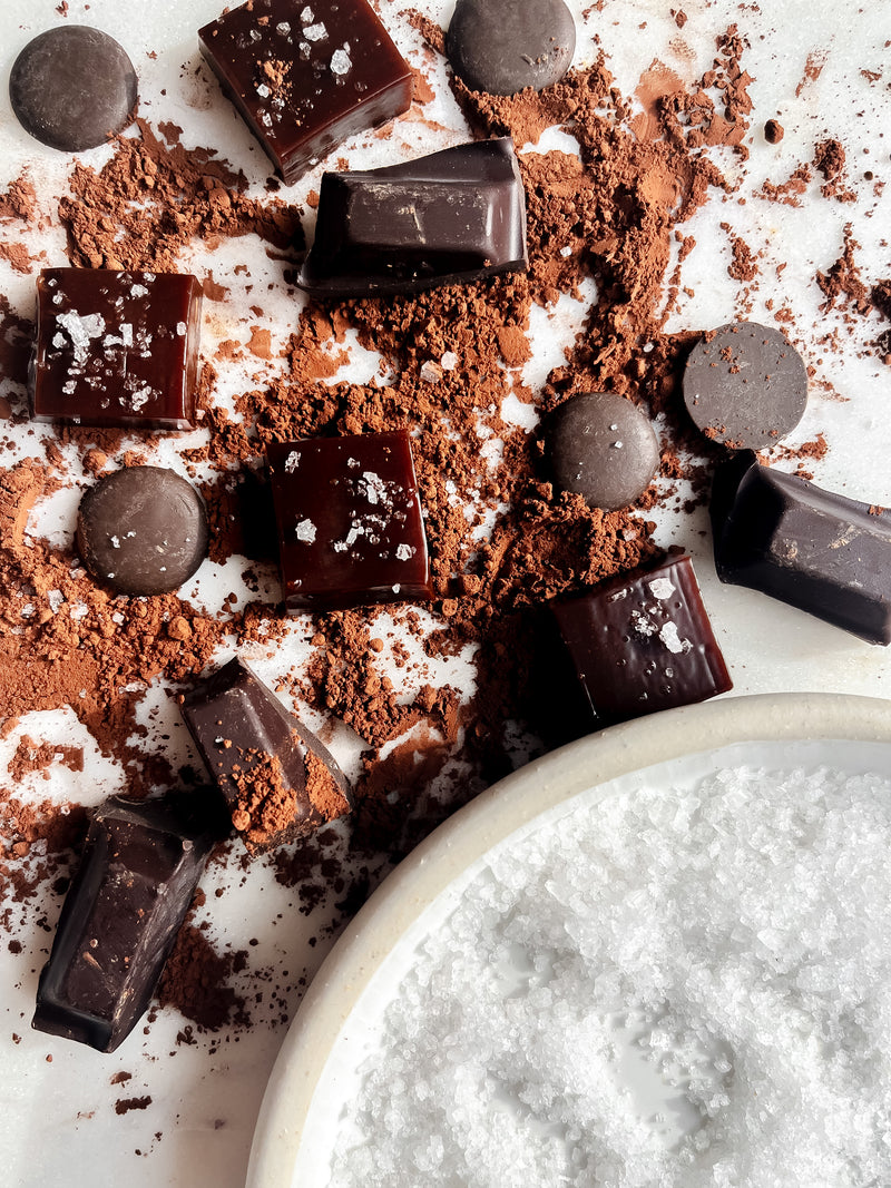 Dark Chocolate Salted Caramels with cocoa and dark chocolate, handmade by Seagull Sweets Co.