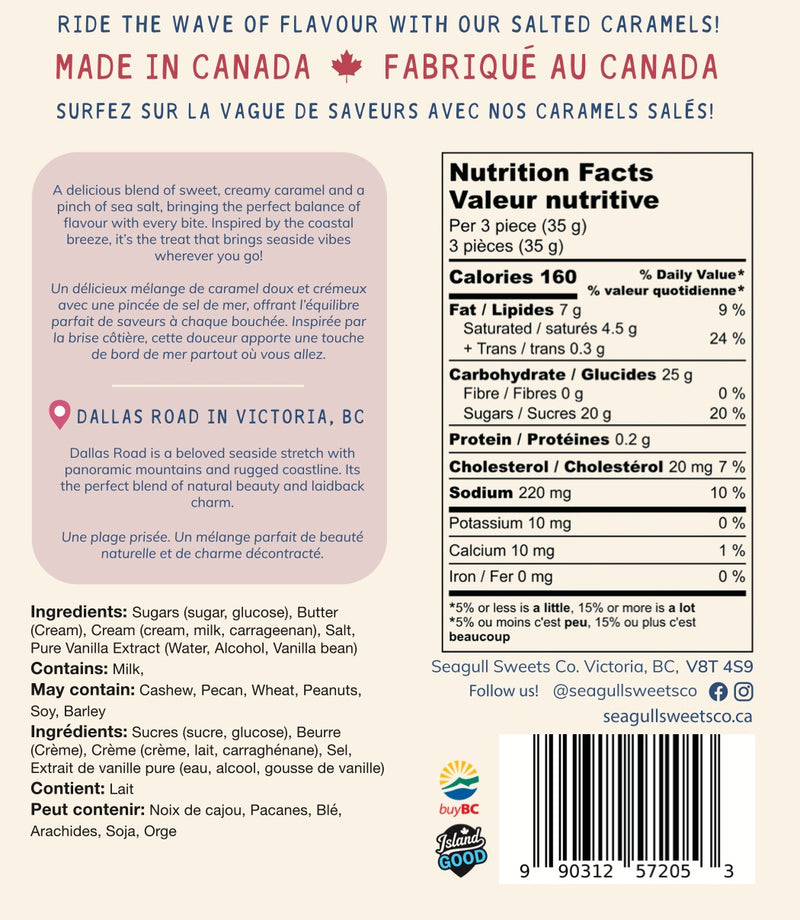 Back of the Classic Salted Caramels bag with ingredients and nutrition facts