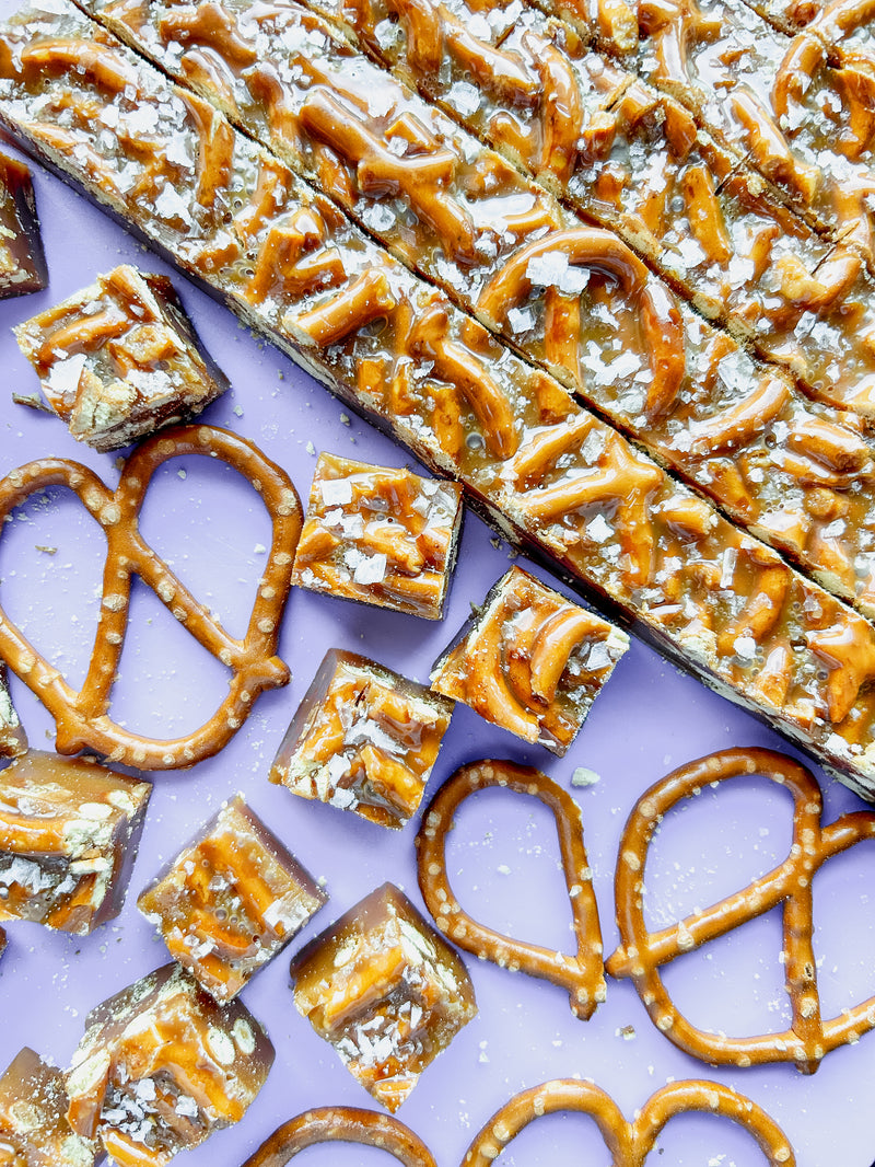 Salted Pretzel Caramels with crushed pretzels, handmade by Seagull Sweets Co. in Victoria BC