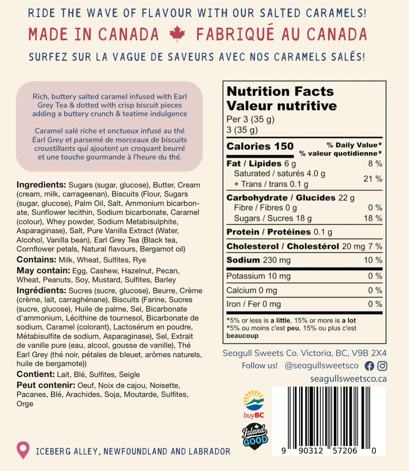 Back of the Tea and Biscuit Salted Caramels bag with ingredients and nutrition facts